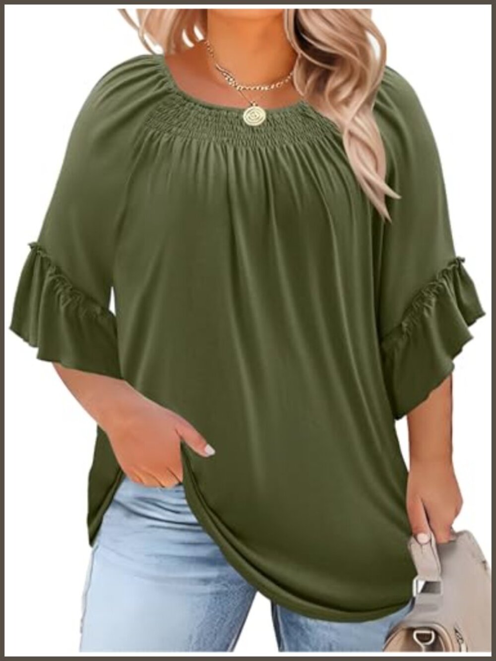 Plus Size Pleated Crewneck Blouse 3/4 Ruffle Sleeve Peasant Top